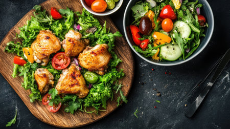 A mouthwatering presentation of grilled chicken thighs on a wooden platter with fresh greens and a vibrant vegetable salad, perfect for a healthy meal option.の素材