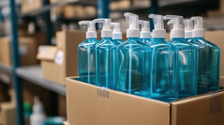 A detailed image showcasing several blue pump bottles neatly arranged in a cardboard box, emphasizing product packaging and storage in a commercial warehouse setting.の素材
