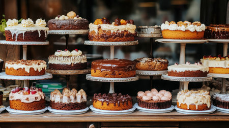 A beautiful display of assorted cakes and pastries arranged elegantly on stands, perfect for showcasing the artistry and variety in dessert making at a charming bakery.の素材