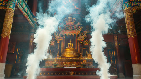 This image showcases a peaceful Buddhist temple interior, featuring a majestic golden Buddha statue enveloped in mystical smoke, creating a serene, spiritual atmosphere.の素材