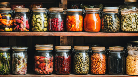 Beautifully arranged jars of herbs and vegetables create a vibrant display in a rustic kitchen, emphasizing the importance of sustainable and healthy food storage practices.の素材