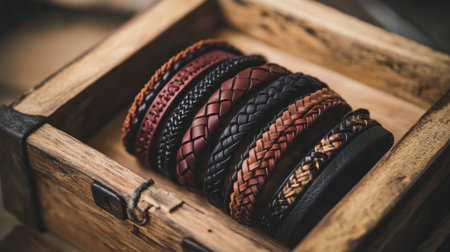 Discover a stunning collection of handmade leather bracelets displayed beautifully in a rustic wooden box, ideal for fashion lovers and accessory collectors.の素材