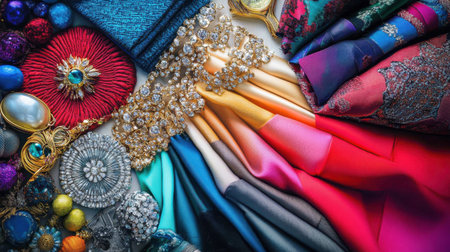 A stunning arrangement of vibrant fabrics and exquisite accessories showcasing an array of colors, textures, and intricate details perfect for fashion and design projects.の素材