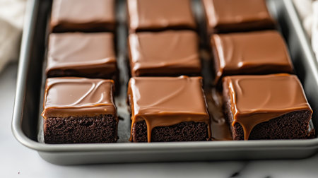 Tempting chocolate cake squares topped with a smooth chocolate glaze entice dessert lovers. Perfect for gatherings, celebrations, or afternoon snacks, this treat is irresistibly delicious.の素材