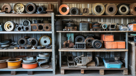 A well-arranged set of mechanical parts and components stored on shelves in an industrial workshop, ideal for repairs, inventory, or showcasing engineering design.の素材