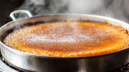 A close-up image of a beautifully caramelized dessert, showing steam rising and showcasing the golden color and smooth texture. Perfect for food lovers and culinary enthusiasts.の素材