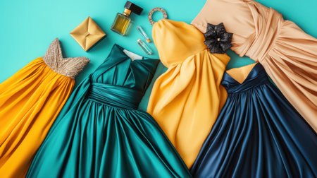 An elegant display of fashionable dresses in vibrant hues arranged with accessories against a turquoise background, perfect for highlighting style and event inspiration.の素材