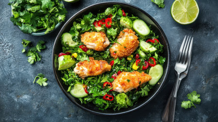 A vibrant salad featuring crispy chicken wings nestled among fresh greens, avocado, and lime, creating a perfect balance of flavor and health. Ideal for a delicious meal.の素材