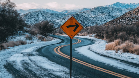A stunning view of a snowy mountain road featuring a curved directional sign, inviting exploration amidst the picturesque winter landscape and dramatic mountain backdrop.の素材