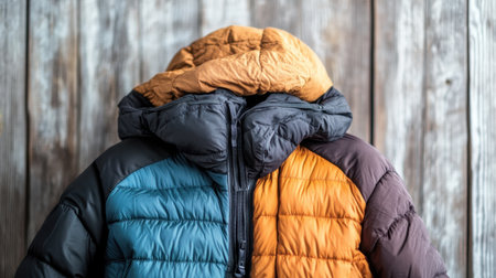 Eye-catching puffer jacket featuring bold color blocks, perfect for staying warm during outdoor activities while making a trendy fashion statement in cold weather.の素材