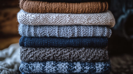 This image showcases a cozy stack of knit sweaters in earthy tones, ideal for autumn and winter fashion, emphasizing warmth and comfort for seasonal layering.の素材