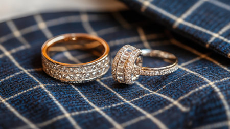 Stunning close-up of two elegant wedding rings featuring exquisite diamond detailing, set against a sophisticated fabric background, symbolizing timeless love and commitment.の素材