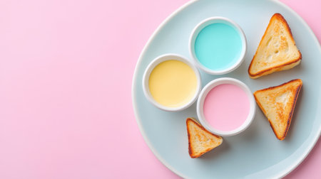 A playful composition featuring golden toasted triangles alongside vibrant dipping sauces against a soft pastel pink backdrop, perfect for culinary creative expressions.の素材