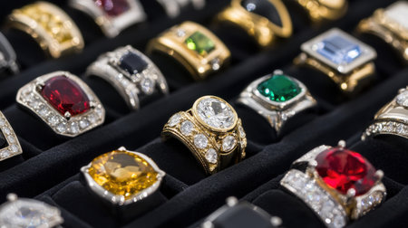 A stunning assortment of jewelry rings featuring vibrant gemstones and dazzling diamonds, elegantly arranged on a luxurious black velvet background, perfect for fashion enthusiasts.の素材