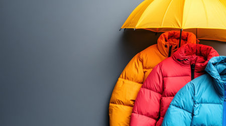 A collection of vibrant jackets displayed beside a bright yellow umbrella against a gray background, perfect for themes related to fashion, weather trends, and outdoor activities.の素材