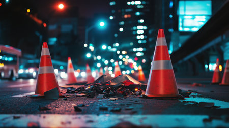 A captivating urban scene showcasing orange traffic cones surrounding road damage at night, emphasizing infrastructure challenges and the bustling movements of city life.の素材