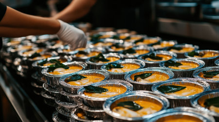 Captivating scene showcasing gourmet Asian cuisine prepared in individual portions, highlighting careful arrangement and vibrant presentation, ideal for catering events or food service.の素材