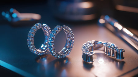 Stunning close-up of elegant silver earrings adorned with sparkling gemstones, beautifully captured with soft blue lighting to highlight their luxurious appeal and intricate design.の素材