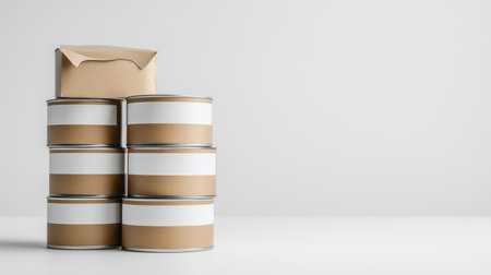 A visually striking arrangement of stacked paper and metal containers, showcasing a modern design ideal for packaging and organizing various items in a minimalist setting.の素材