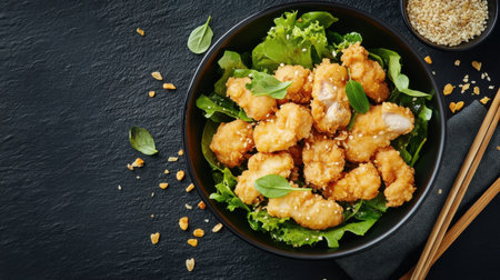 A vibrant dish of crispy fried chicken bites served over fresh green lettuce, sprinkled with sesame seeds and herbs, perfect for a flavorful snack or meal.の素材