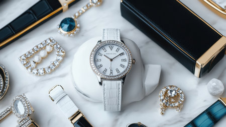 This captivating arrangement features an elegant luxury watch beside stunning jewelry pieces, showcasing a perfect blend of fashion and sophistication on a marble surface.の素材