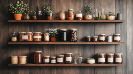 A charming display of rustic kitchen shelves filled with an array of jars and containers. Perfect for conveying a cozy, organized culinary space with homemade goodness.の素材