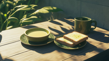 A bright and inviting breakfast setting showcasing toasted bread, green tea, and lush plants, creating a relaxed and warm atmosphere for a cheerful morning meal.の素材