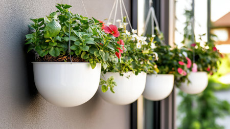 A stunning display of hanging planters filled with lush flowers, perfect for enhancing any outdoor space with color and life while embracing a modern design aesthetic.の素材