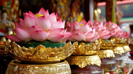 Stunning display of pink lotus flowers in an ornate golden bowl, symbolizing purity and spiritual enlightenment, perfect for meditation and peaceful settings.の素材