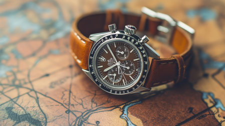 A stunning chronograph watch with a brown leather strap placed on an intricate vintage map, symbolizing adventure and timeless elegance in design and craftsmanship.の素材