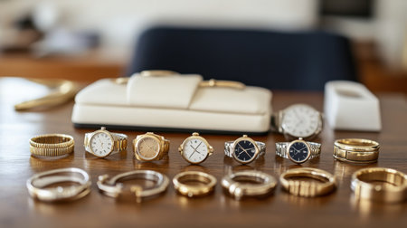 A stunning arrangement of luxury watches and bracelets on a polished wooden table, highlighting exquisite craftsmanship and elegance in a stylish setting.の素材