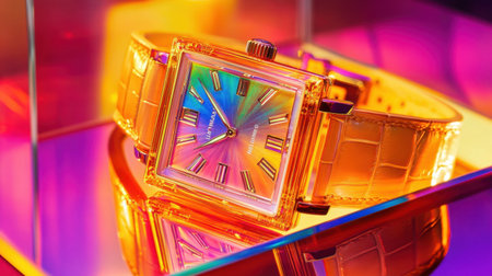 A stunning square watch with a vibrant design set on a reflective surface, showcasing colorful hues that highlight its stylish features, ideal for accessory photography.の素材