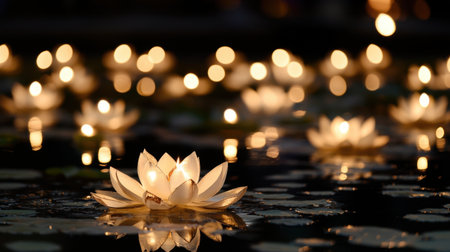 A captivating composition featuring white lotus flowers floating gracefully on the water, illuminated by flickering candles, creating a serene and enchanting atmosphere.の素材