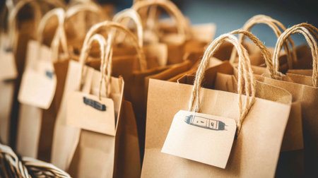 A collection of stylish brown paper bags with twine handles, ideal for gifting or retail needs. Their eco-friendly design enhances the charm of any occasion or event.の素材
