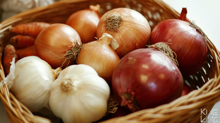 A vibrant display of fresh onions and carrots in a woven basket, highlighting organic produce ideal for healthy cooking and culinary exploration. Perfect for food photography.の素材
