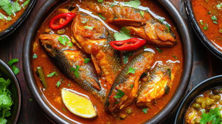 Experience the vibrant colors and rich flavors of a spicy fish curry, beautifully presented with fresh herbs and a slice of lime, ideal for culinary inspiration.の素材