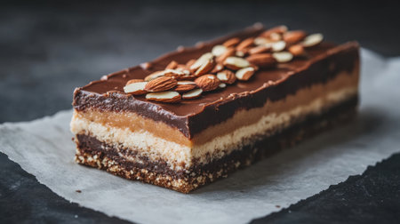 A beautifully crafted layered chocolate cake featuring rich chocolate, smooth caramel, and topped with crunchy almonds, perfect for dessert enthusiasts and culinary presentations.の素材