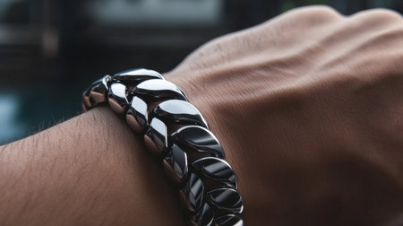 Close-up view of a stylish black metal bracelet worn on a male wrist, highlighting modern design and elegance for those who appreciate unique accessories in daily fashion.の素材