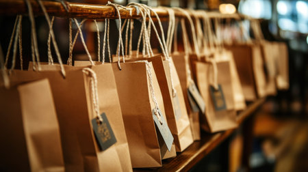 A charming assortment of eco-friendly brown paper gift bags with decorative tags, inviting creativity and warmth in gift-giving experiences at a cozy cafe setting.の素材