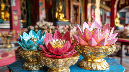 Vibrant lotus flowers in ornate bowls at a tranquil temple showcase the beauty and spirituality of Buddhist culture, creating an atmosphere of peace and serenity.の素材
