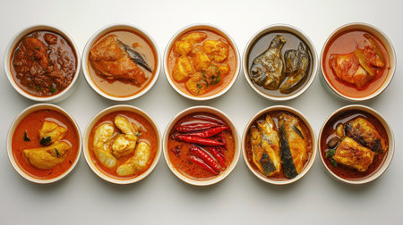 This image features an enticing selection of traditional dishes presented in round bowls, highlighting a rich variety of flavors and ingredients, perfect for food lovers.の素材