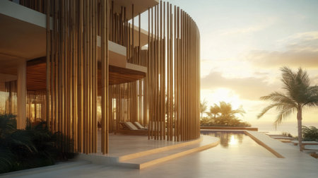 Stunning view of a modern luxury villa at sunset, featuring golden wooden accents, a serene poolside, and lush tropical surroundings, creating a perfect vacation ambiance.の素材