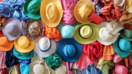 A captivating display of colorful hats and assorted fabrics, perfect for fashion inspiration. A joyful arrangement showcasing vibrant colors and diverse patterns.の素材