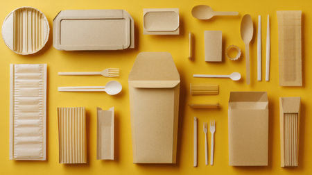 An artistic layout of assorted eco-friendly disposable packaging items on a vibrant yellow background, ideal for promoting sustainable food service solutions and environmentally conscious dining.の素材