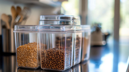 A bright kitchen scene featuring clear containers filled with various dry ingredients, perfect for organizing pantry staples and enhancing meal preparation.の素材