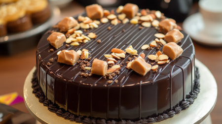 Close-up of a rich chocolate cake adorned with caramel pieces and nuts, ideal for festive occasions and dessert lovers. Perfect for food photography enthusiasts.の素材