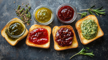 A vibrant display of various spreads on crispy toast slices, showcasing a delightful range of flavors in a rustic setting, perfect for mealtime or snack inspiration.の素材