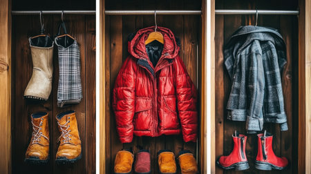 A vibrant display of winter clothing and boots in a wooden closet, showcasing stylish jackets and cozy accessories for organized seasonal fashion and storage solutions.の素材