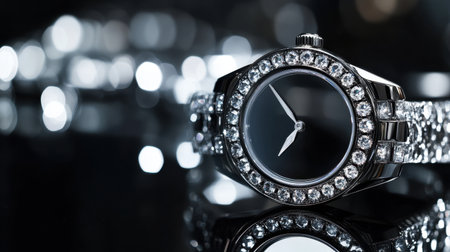 This stunning luxury watch features a black dial and a glimmering diamond bezel, representing the perfect blend of elegance and sophistication in fine jewelry.の素材