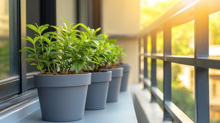 Bright potted plants adorn a balcony rail in the warm glow of sunlight, creating a serene and inviting urban oasis in a modern setting, perfect for promoting relaxation.の素材